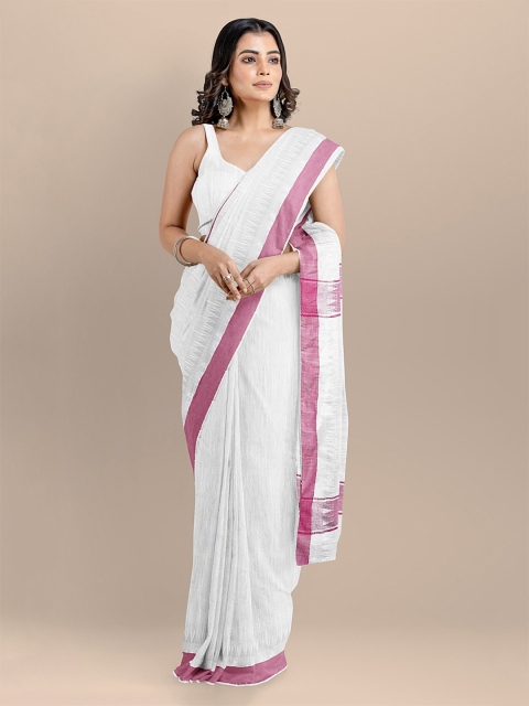 

BharatSthali White & Pink Silk Cotton Solid Maheshwari Saree