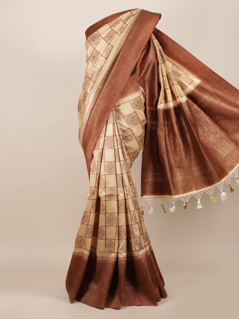 

Pothys Cream-Coloured & Brown Jute Silk Checked Saree