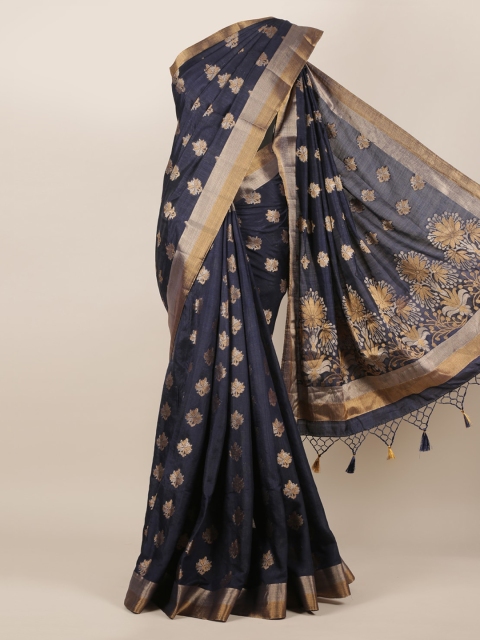 

Pothys Navy Blue & Gold-Toned Jute Silk Woven Design Saree
