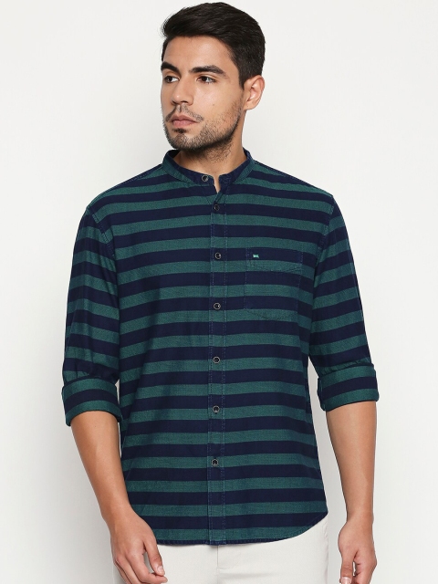 

Basics Men Green & Blue Slim Fit Striped Casual Shirt