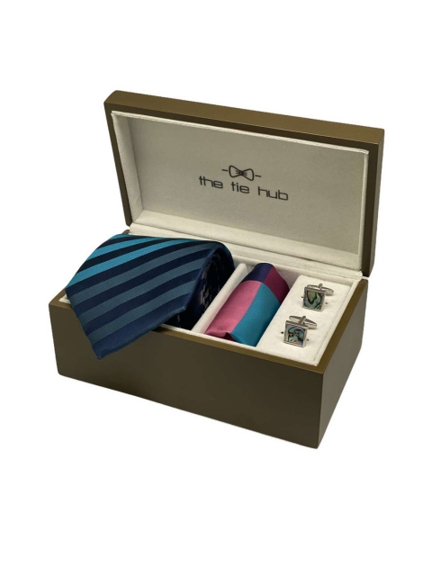 

The Tie Hub Men Silk Necktie with Pocket Square and MOP Cufflink Gift Set, Blue