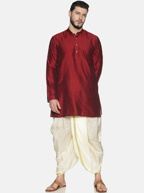 

TATTVA Men Maroon & Cream-Coloured Solid Kurta with Dhoti Pants