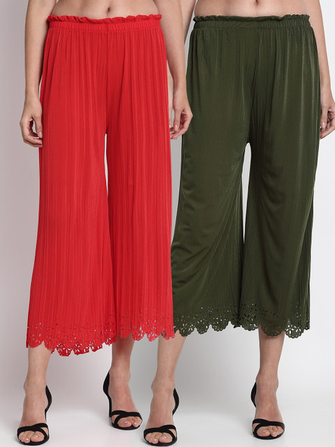 

NEUDIS Women Red & Green Hem Design Straight Palazzos