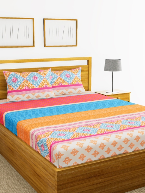 

BIANCA Orange & Blue Ethnic Motifs 180 TC Cotton 1 King Bedsheet with 2 Pillow Covers