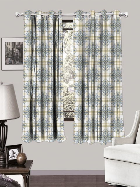 

HOUZZCODE White & Blue Set of 2 Ethnic Motifs Printed Black Out Window Curtains