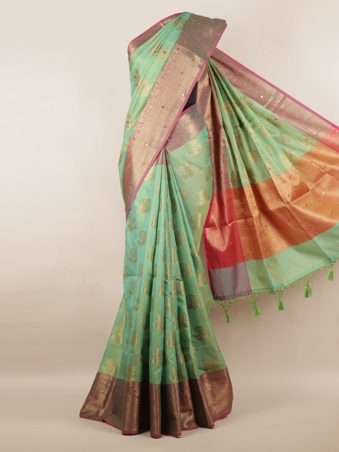 

Pothys Green & Gold-Toned Cotton Blend Embellished Saree