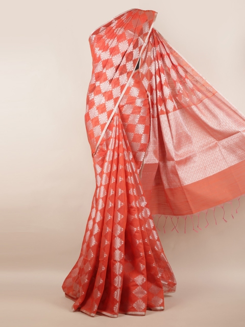 

Pothys Orange & Silver-Toned Cotton Blend Woven Design Saree