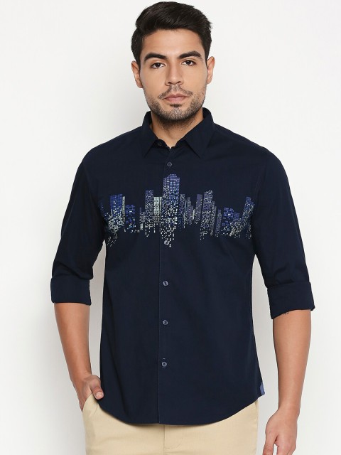 

Basics Men Navy Blue & White Slim Fit Printed Casual Shirt