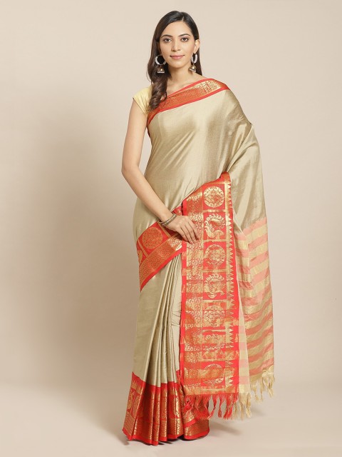 

Mitera Beige & Gold-Toned Silk Blend Solid Banarasi Saree