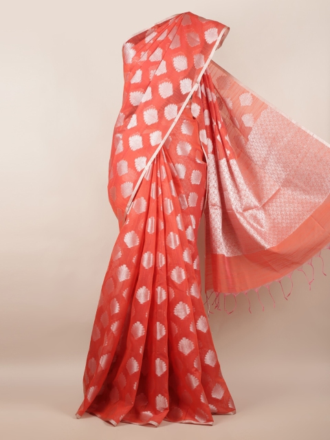 

Pothys Orange & Silver-Toned Cotton Blend Woven Design Saree