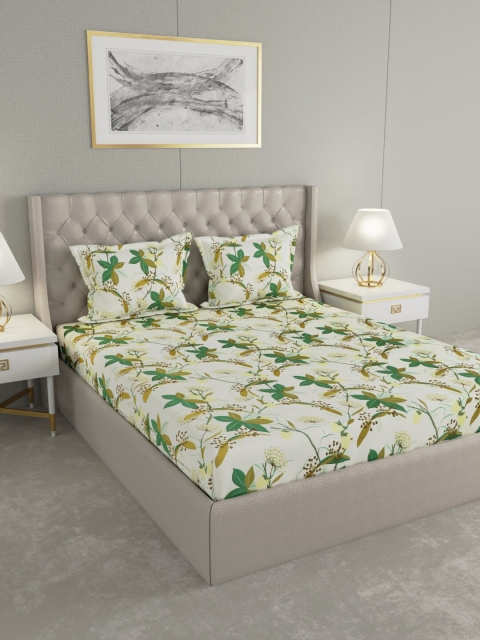 

Raymond Home Green Floral TC Cotton 1 Queen Bedsheet with 2 Pillow Covers