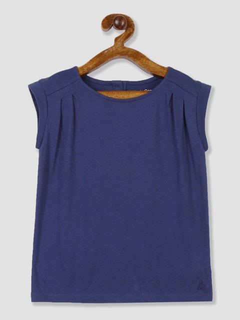

GAP Girls Blue Solid Round Neck Pleated Pure Cotton T-shirt