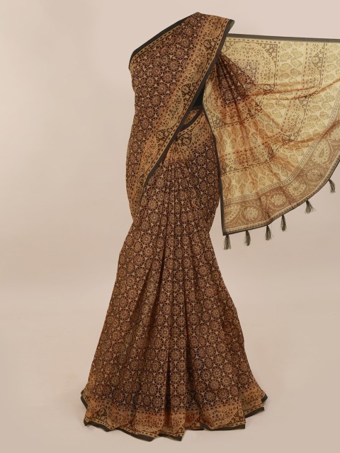 

Pothys Brown & Beige Cotton Blend Printed Saree With Tasseled Pallu