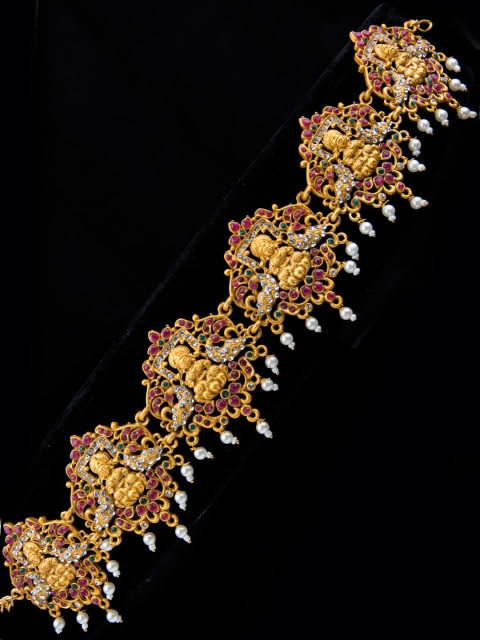 

Alankruthi Gold-Toned & Red CZ Stone-Studded Beaded Lakshmi Kamarbandh