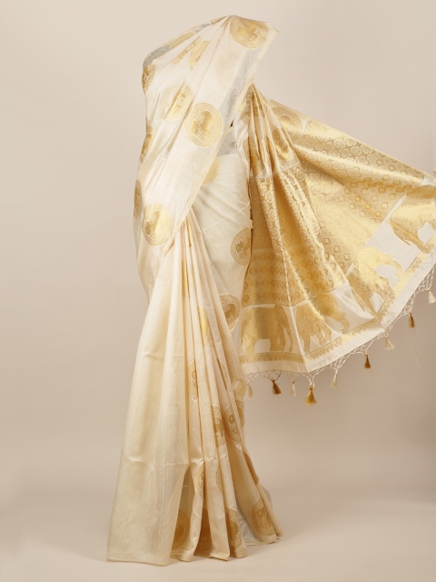 

Pothys Cream-Coloured & Gold-Toned Jute Silk Woven Design Saree