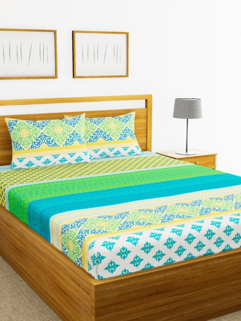 

BIANCA White & Green Ethnic Motifs 180 TC Cotton 1 King Bedsheet with 2 Pillow Covers
