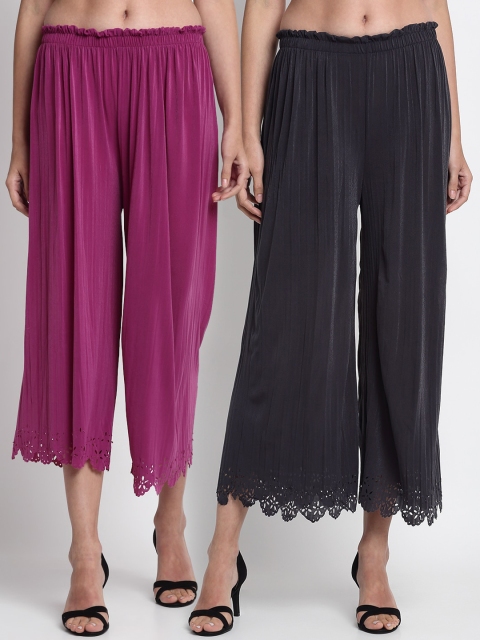 

NEUDIS Women Purple & Grey Hem Design Straight Palazzos