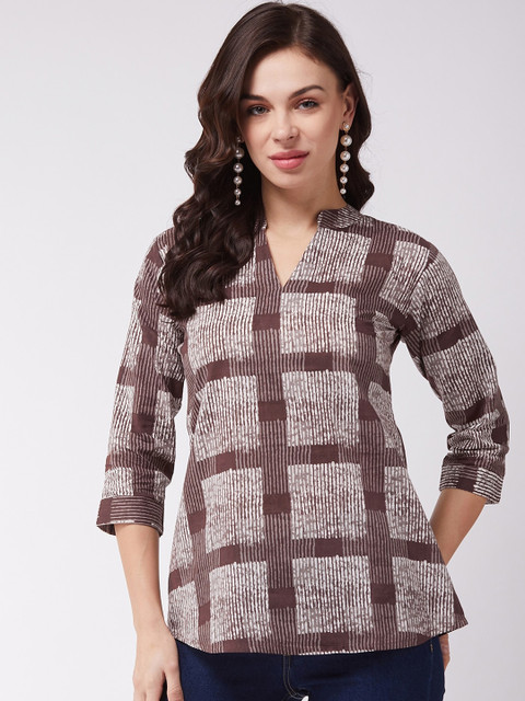 

InWeave Brown Striped Mandarin Collar Top