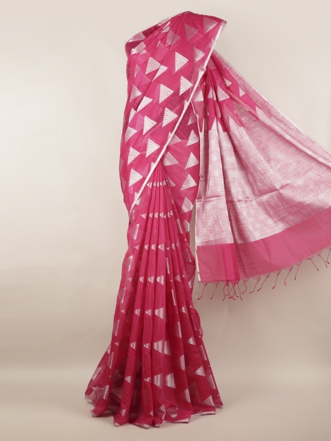 

Pothys Magenta & Silver-Toned Cotton Blend Woven Design Saree With Zari Border