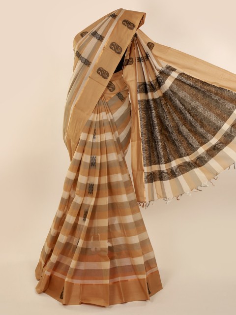

Pothys Beige & Brown Pure Cotton Checked Saree