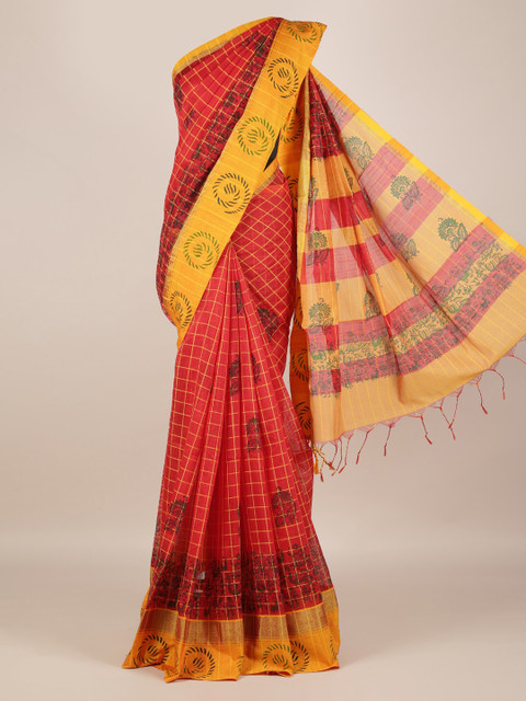 

Pothys Coral & Yellow Jute Silk Printed Saree