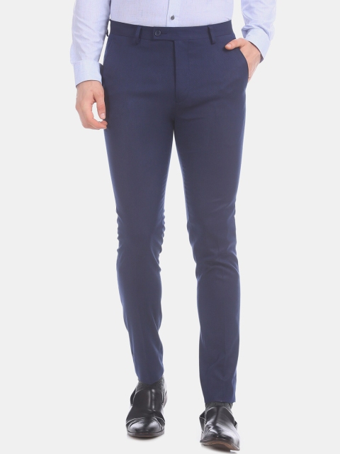 

Arrow New York Men Blue Self Design Slim Fit Formal Trousers, Navy blue