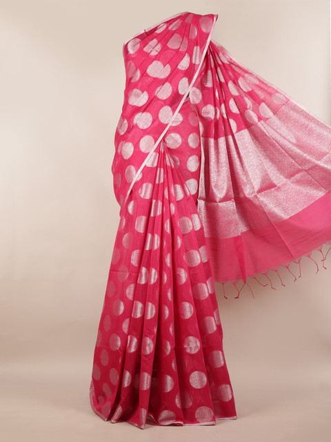 

Pothys Magenta & White Cotton Blend Woven Design Saree