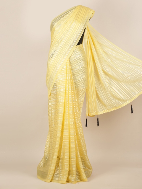 

Pothys Yellow & White Jute Silk Striped Saree