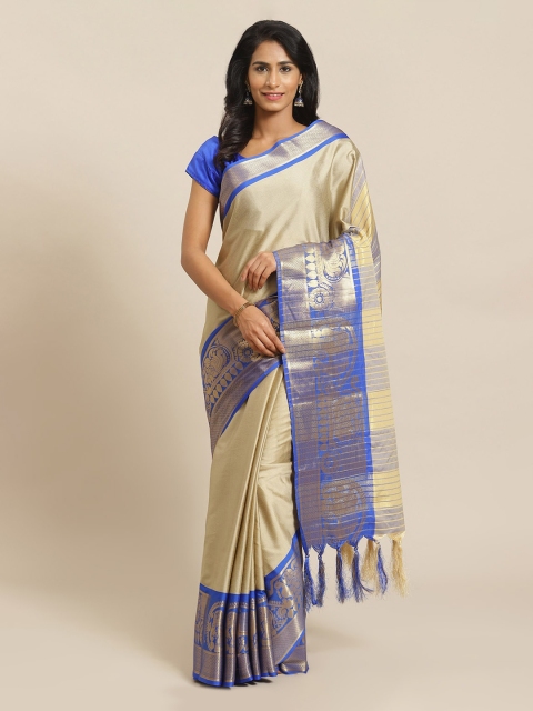 

Mitera Beige & Gold-Toned Silk Blend Solid Banarasi Saree