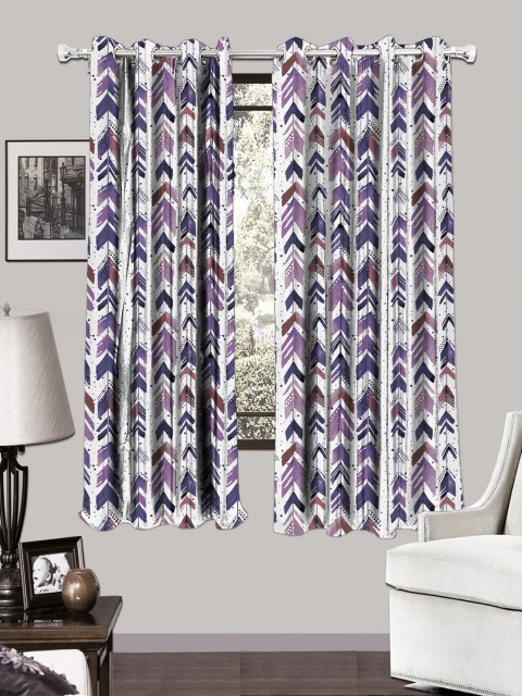 

HOUZZCODE White & Purple Set of 2 Printed Black Out Window Curtains