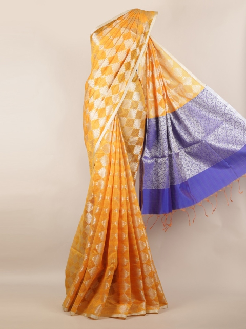 

Pothys Yellow & Silver-Toned Cotton Blend Woven Design Saree With Zari Border