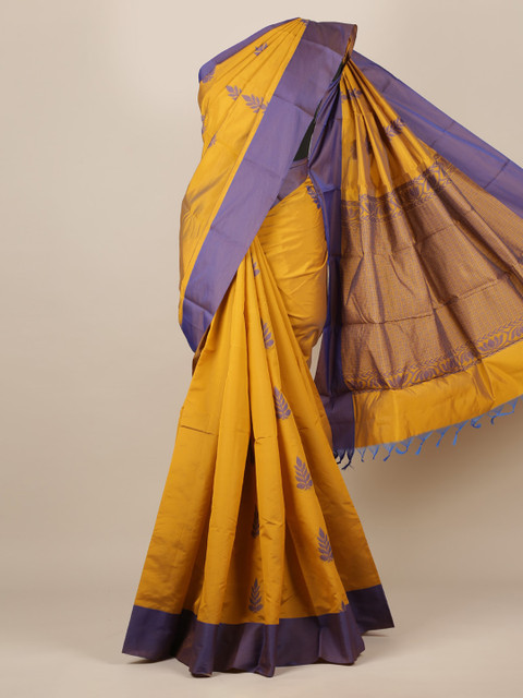

Pothys Mustard & Blue Silk Cotton Printed Saree With Tasseled Pallu