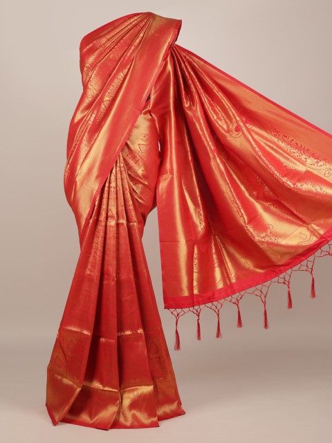 

Pothys Orange & Gold-Toned Jute Silk Woven Design Saree