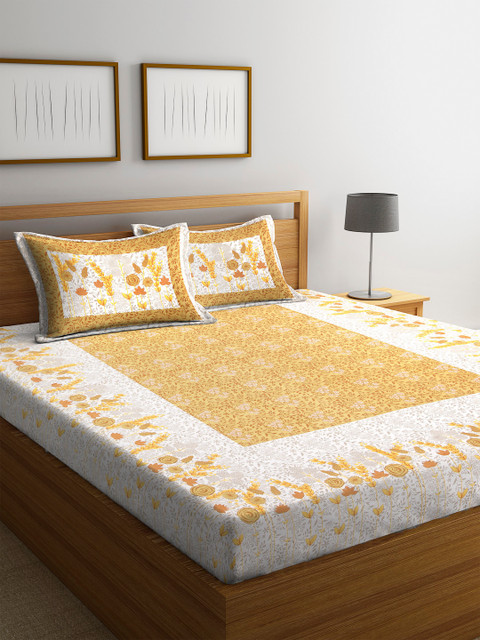 

DREAM WEAVERZ White & Yellow Floral 300 TC Cotton 1 Queen Bedsheet with 2 Pillow Covers