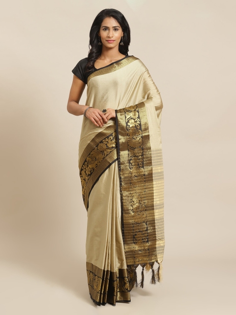 

Mitera Cream-Coloured & Gold-Toned Silk Blend Solid Banarasi Saree
