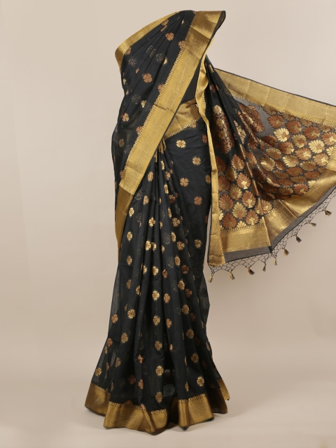 

Pothys Black & Gold-Toned Jute Silk Woven Design Saree With Tasseled Pallu