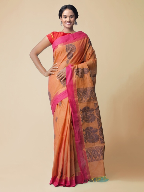 

Unnati Silks Orange Pure Cotton Printed Handloom Uppada Saree