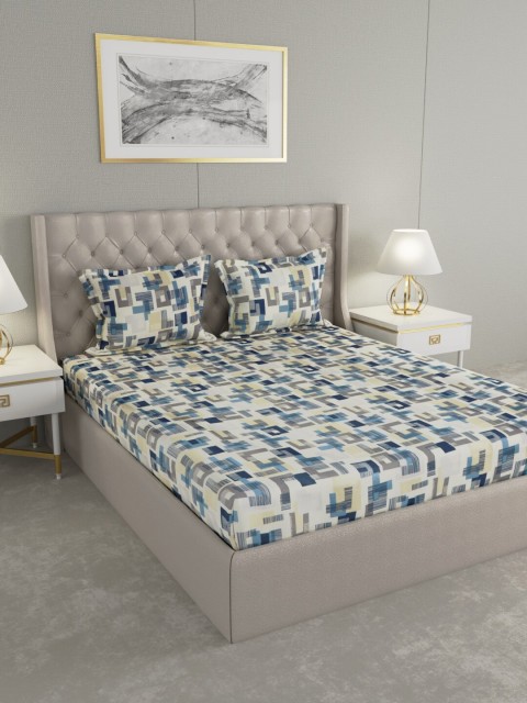 

Raymond Home White Geometric TC Cotton 1 Queen Bedsheet with 2 Pillow Covers