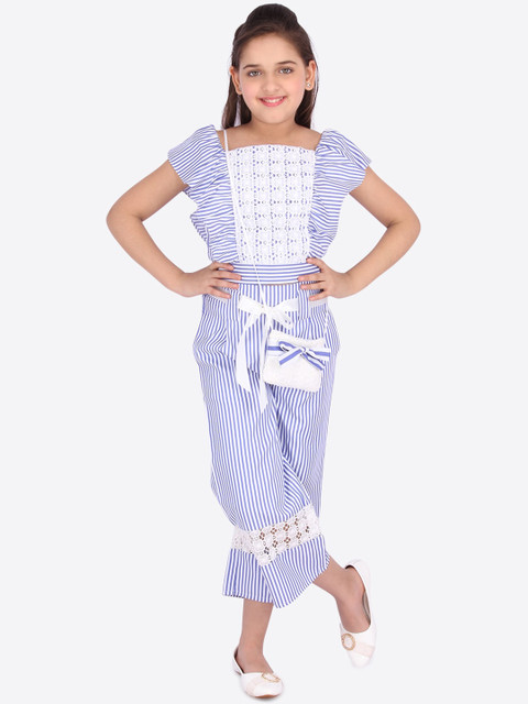 

CUTECUMBER Girls Blue & White Striped Top with Trousers