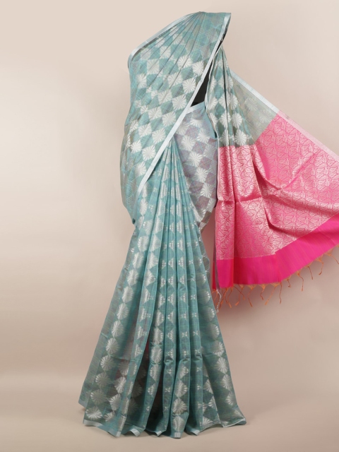 

Pothys Blue & Silver-Toned Cotton Blend Woven Design Saree