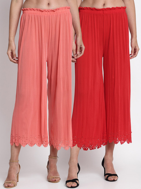 

NEUDIS Women Pack Of 2 Hem Design Wide Leg Palazzos, Red