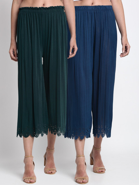 

NEUDIS Women Green & Blue Hem Design Straight Palazzos