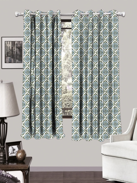 

HOUZZCODE White & Blue Set of 2 Printed Black Out Window Curtains