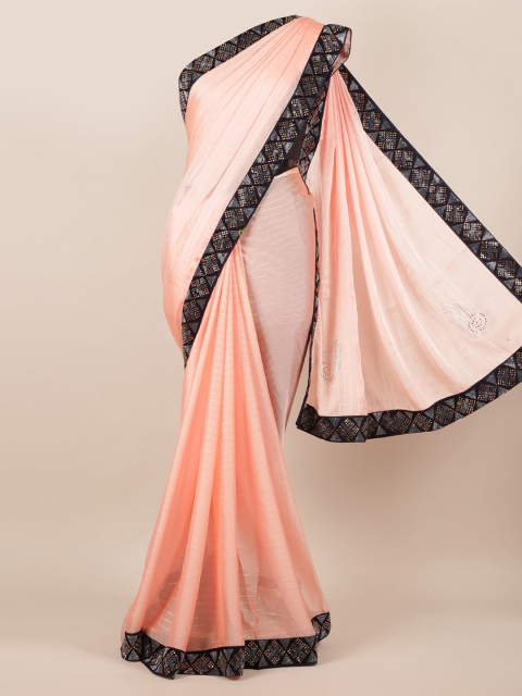 

Pothys Peach & Gold- Toned Striped Poly Georgette Saree With Embellished Border