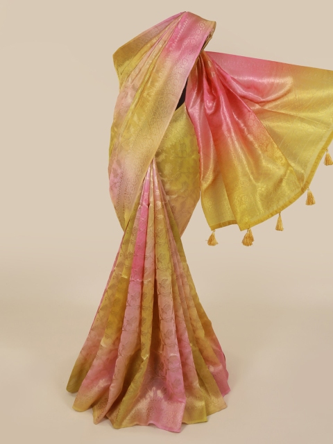 

Pothys Pink & Yellow Cotton Blend Woven Design Saree