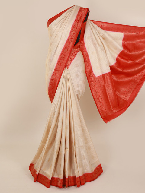 

Pothys Cream-Coloured & Red Pure Silk Solid Saree