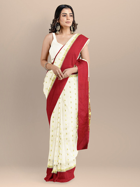 

BharatSthali Off-White & Red Silk Cotton Woven Design Banarasi Saree