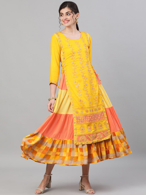 

Ishin Women Yellow Floral Embroidered Thread Work Kurta