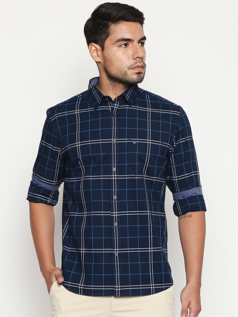 Basics Men Navy Blue & Off-White Slim Fit Checked Casual Shirt