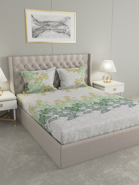 

Raymond Home Grey & Green Floral 210 TC Cotton 1 King Bedsheet with 2 Pillow Covers